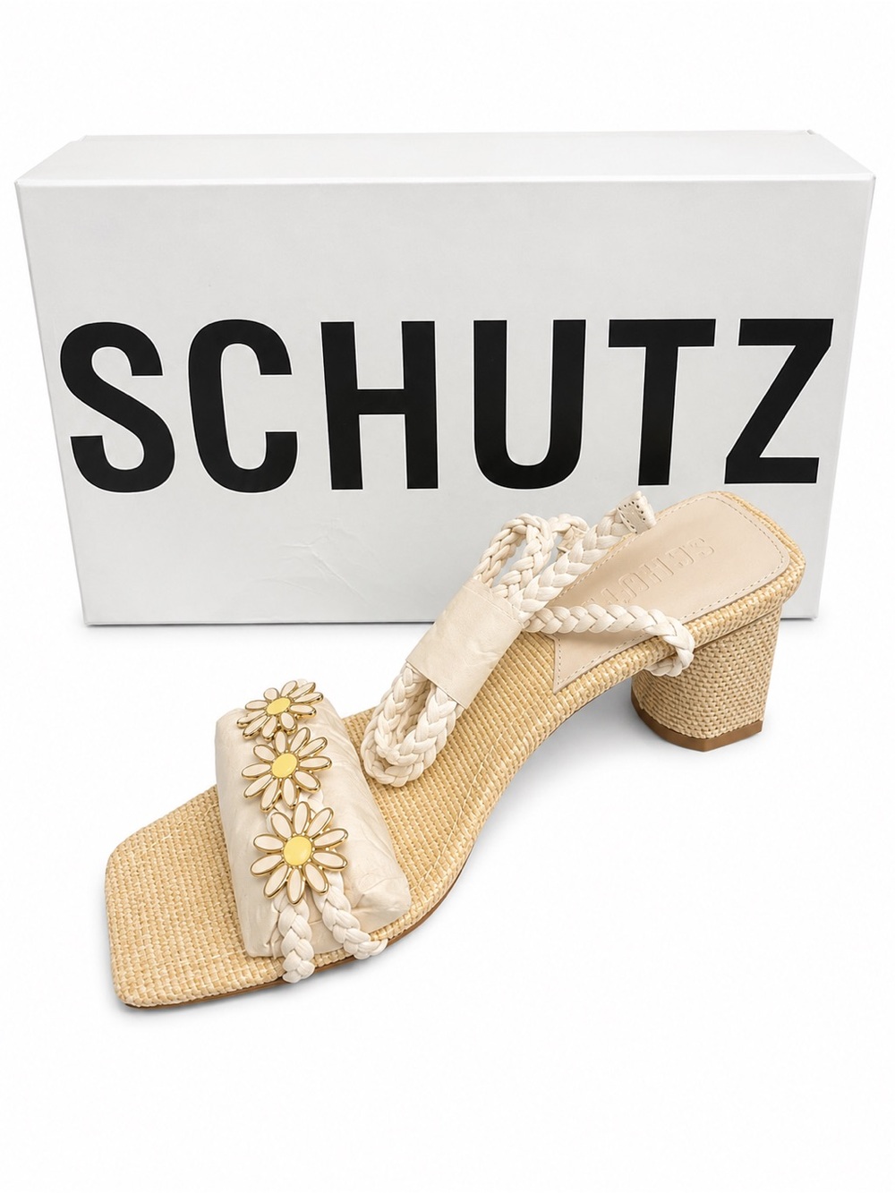 SCHUTZ Hina Ankle Tie Braided Daisy Block Heel Sandals NIB